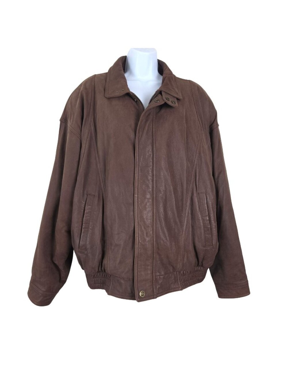 Mens Vintage Brown Genuine Leather Jacket Zip Front Snap Collar & Elastic Hem